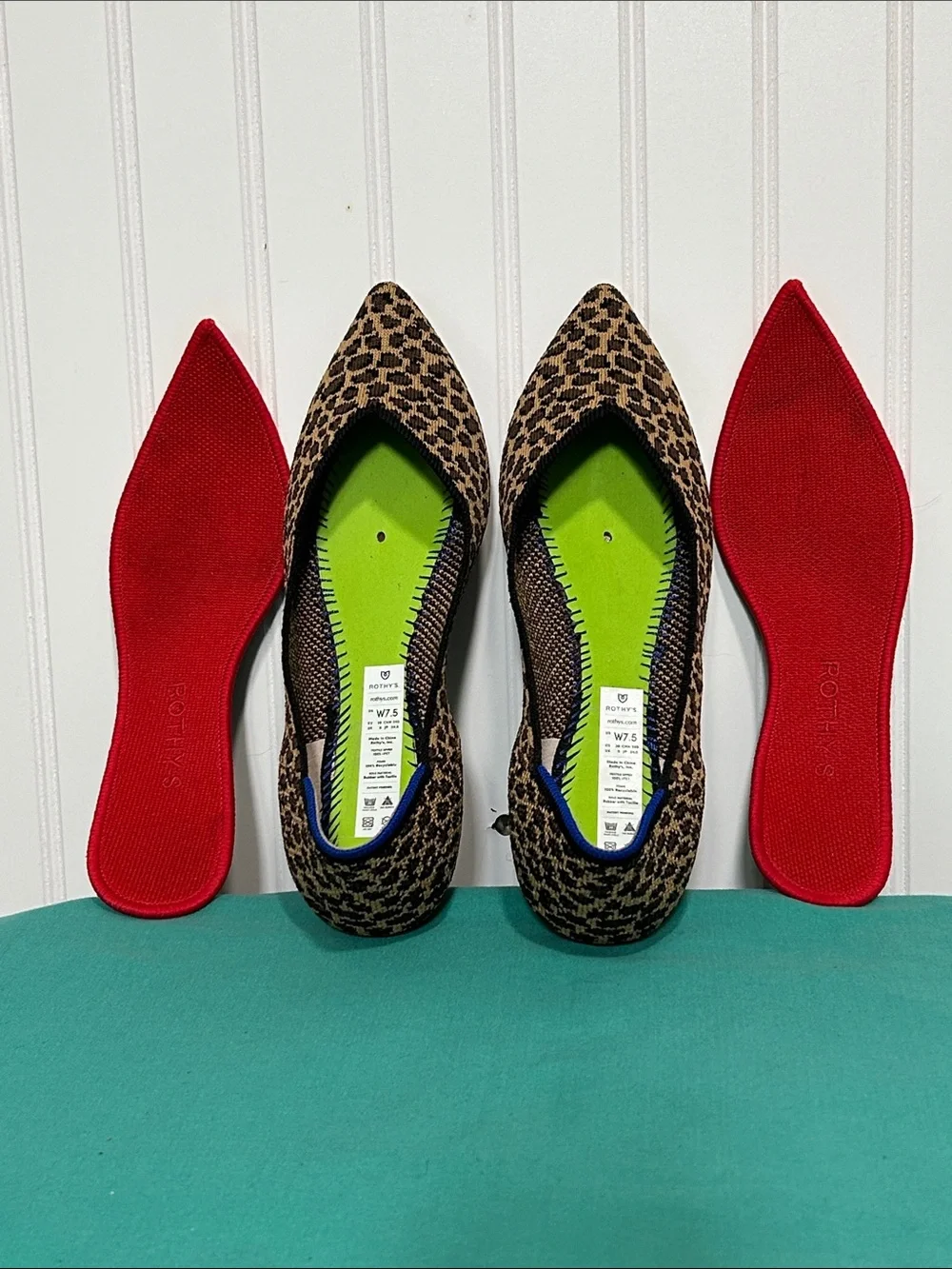 Rothy's Leopard Print Pointed Toe Flats with Red Insole Sz: 7.5